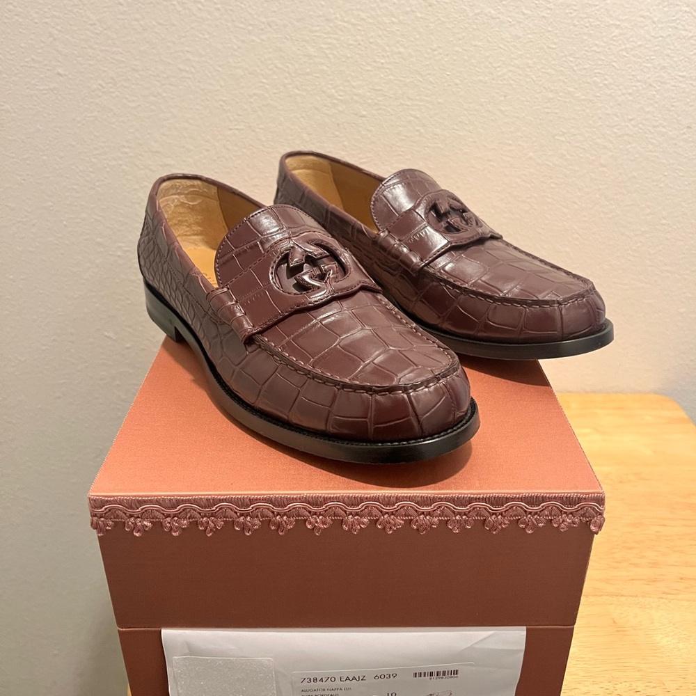 Gucci Men's Exotic Alligator Loafers in Rich Red/Brown